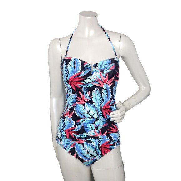 Tommy Bahama Palms Of Paradise Bandeau One-Piece Swimsuit Ruched Tie Back Blue - Picture 3 of 14